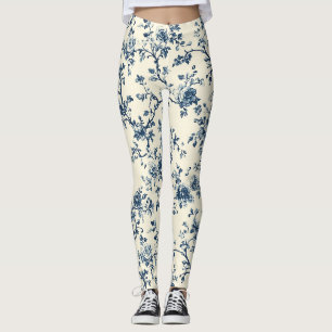 Blue Vintage Floral Toile Pattern (2) Leggings