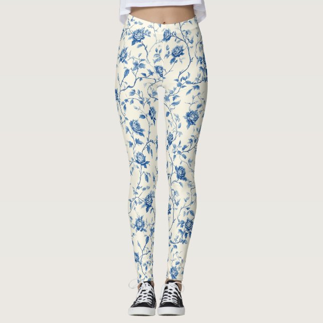 Blue Vintage Floral Toile Pattern (3) Leggings (Front)