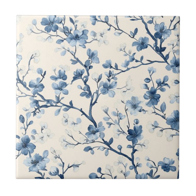 Blue Vintage Floral Toile Pattern (4) Tile (Front)