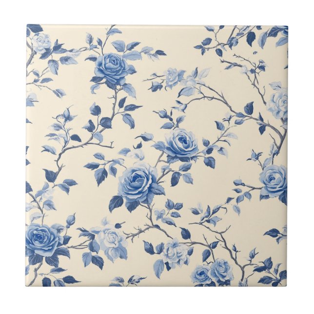 Blue Vintage Floral Toile Pattern (6) Tile (Front)