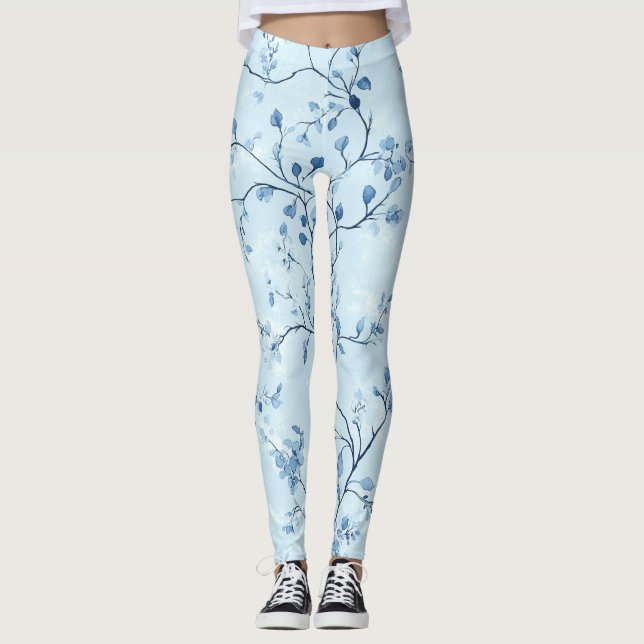 Blue Vintage Floral Toile Pattern (7) Leggings (Front)