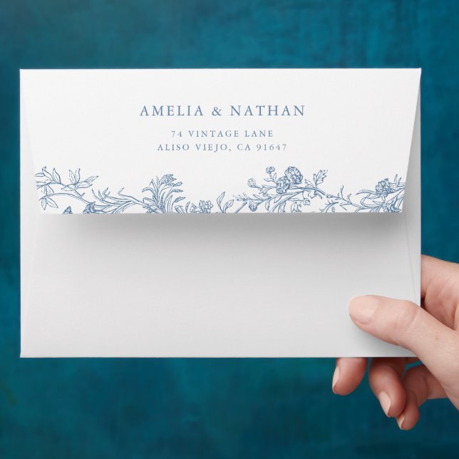 Blue Vintage Floral Wedding Envelope (Hand)