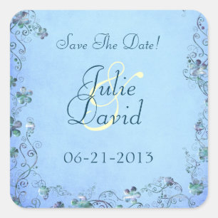 Blue Vintage Floral Wedding Save The Date Square Sticker
