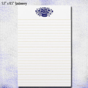Blue Vintage Flower Basket Grey Lined 5.5" x 8.5" Stationery