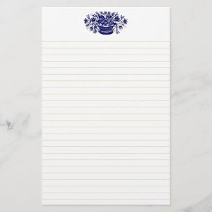 Blue Vintage Flower Basket Grey Lined Stationery