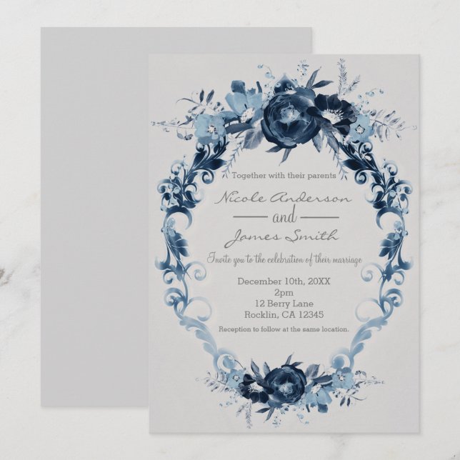 Blue Vintage Flowers Elegant Floral Wedding Invitation (Front/Back)