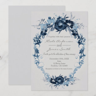 Blue Vintage Flowers Elegant Floral Wedding Invitation