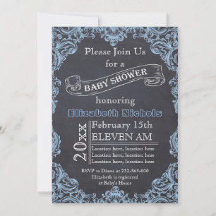 Blue vintage frame and chalkboard baby shower invitation