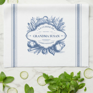 Blue Vintage French Cooking Personalized Name Kitchen Towel