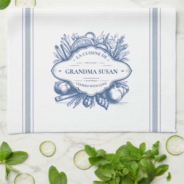 Blue Vintage French Cooking Personalized Name Kitchen Towel (Folded)