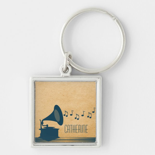 Blue Vintage Gramophone Premium Keychain (Front)
