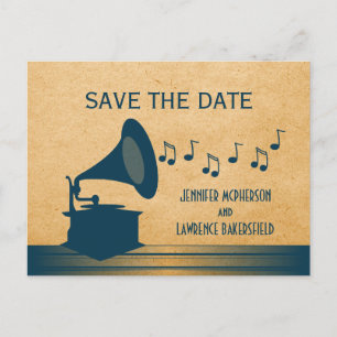 Blue Vintage Gramophone Save the Date Postcard