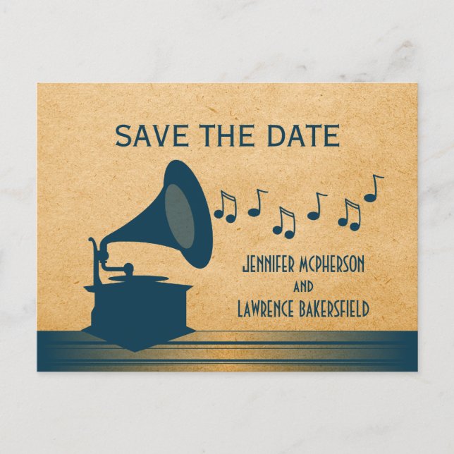 Blue Vintage Gramophone Save the Date Postcard (Front)