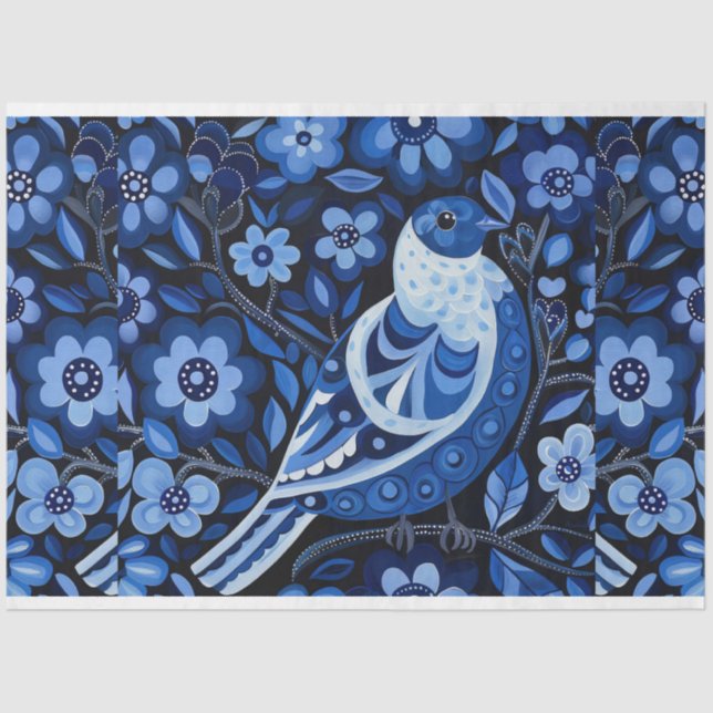 Blue Vintage Inspired Bird Collage Decoupage Tissue Paper (Front)