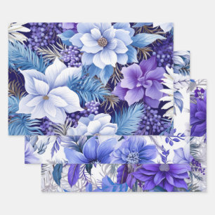 Blue Vintage Inspired Christmas Florals Wrapping Paper Sheet