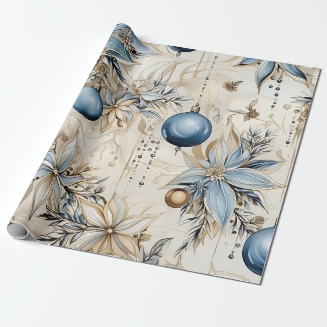 Blue Vintage Inspired Floral  Wrapping Paper (Unrolled)