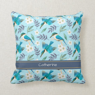 Blue Vintage Kingfisher Birds Floral Pattern Name Throw Pillow