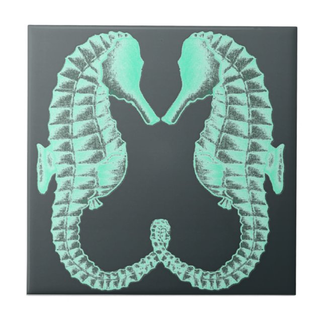 Blue Vintage Kissing Sea Horses Tile (Front)