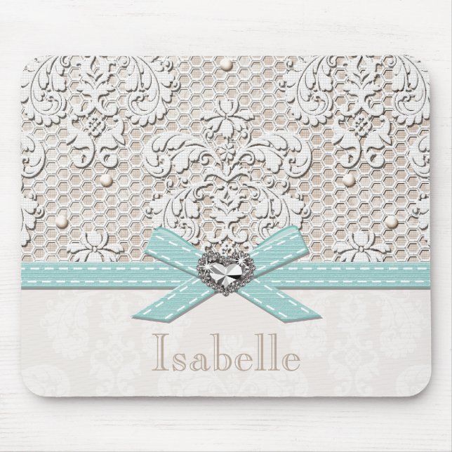 Blue Vintage Lace and Pearls Mouse Pad (Front)