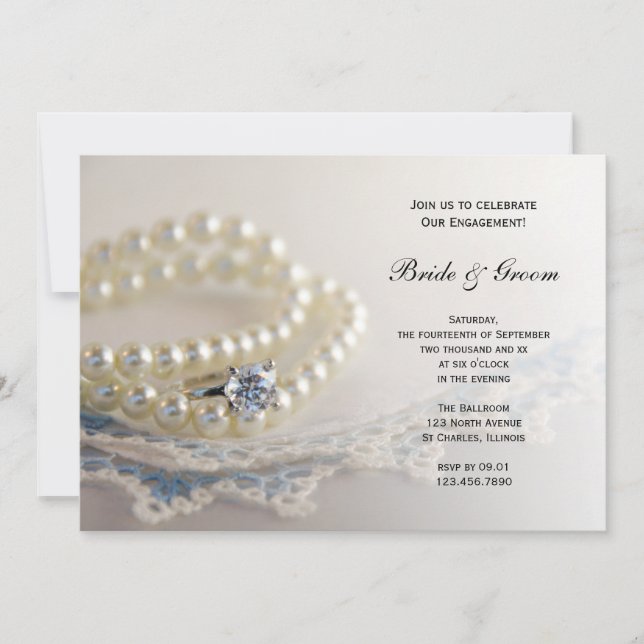 Blue Vintage Lace, Pearls, Ring Engagement Party Invitation (Front)