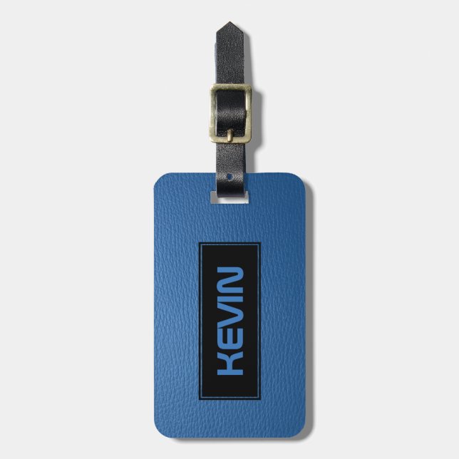 Blue Vintage Leather Texture Print Monogram Luggage Tag (Front Vertical)