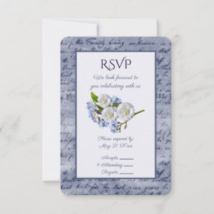 Blue Vintage Letter Frame and White Mums RSVP Card