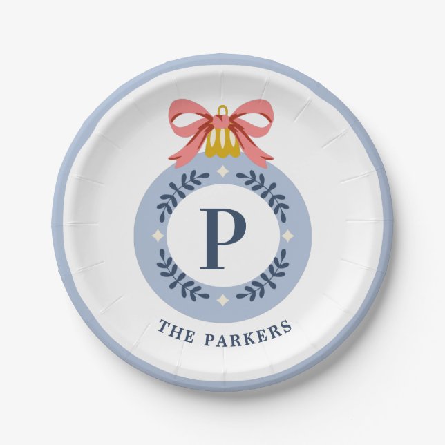 Blue Vintage Monogram Christmas Ornament  Paper Plate (Front)