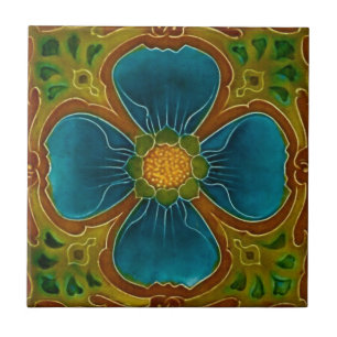 Blue Vintage Nouveau Art Floral Design Tile
