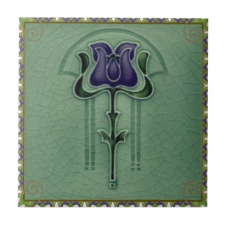 Blue Vintage Nouveau Art Flower Design Tile