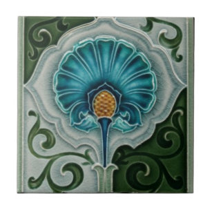 Blue Vintage Nouveau Art Flower Design Tile