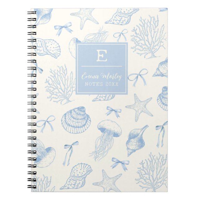 Blue Vintage Ocean bows Monogrammed girly Notebook (Front)