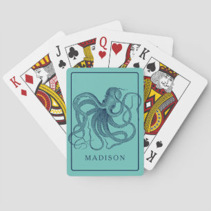 Blue Vintage Octopus, Frame, Monogram Playing Cards