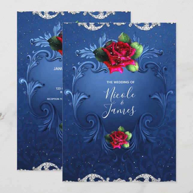 Blue Vintage Ornamental Red Roses Wedding Invitation (Front/Back)