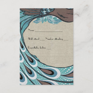 Blue Vintage Peacock Brown Linen rsvp Card