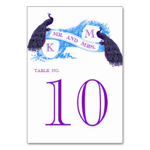 Blue Vintage Peacock Wedding Table Number