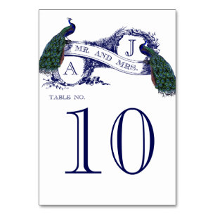 Blue Vintage Peacock Wedding Table Number Card