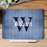 Blue Vintage Pinstripe Retro Navy Monogram Mouse Pad<br><div class="desc">This design features a vintage pinstripe pattern in blue with navy blue dashed stripes. Personalize it with your monogram initial in navy blue and your name in white retro script.</div>