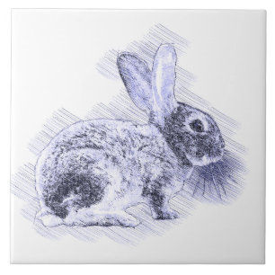 Blue Vintage Rabbit Pencil Etching Tile