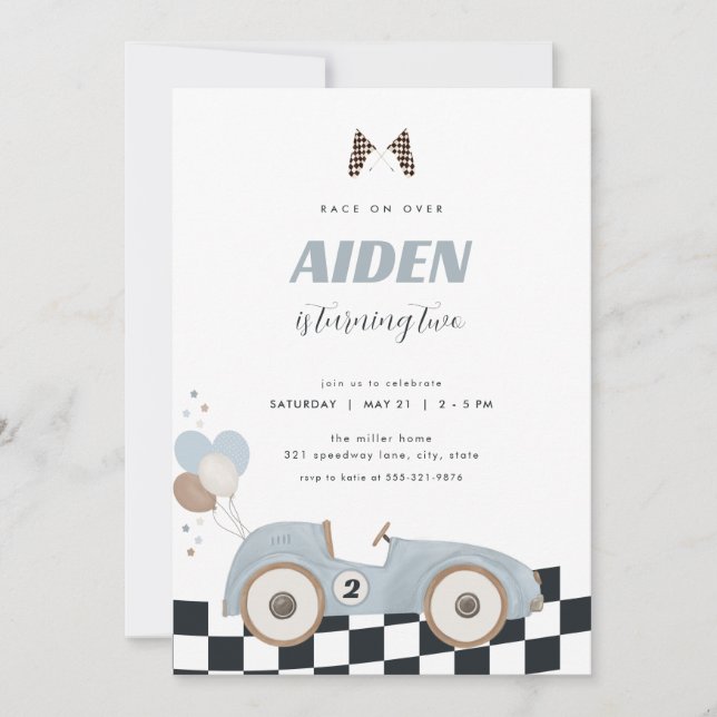 Blue Vintage Race Car Boy Birthday Invite  (Front)