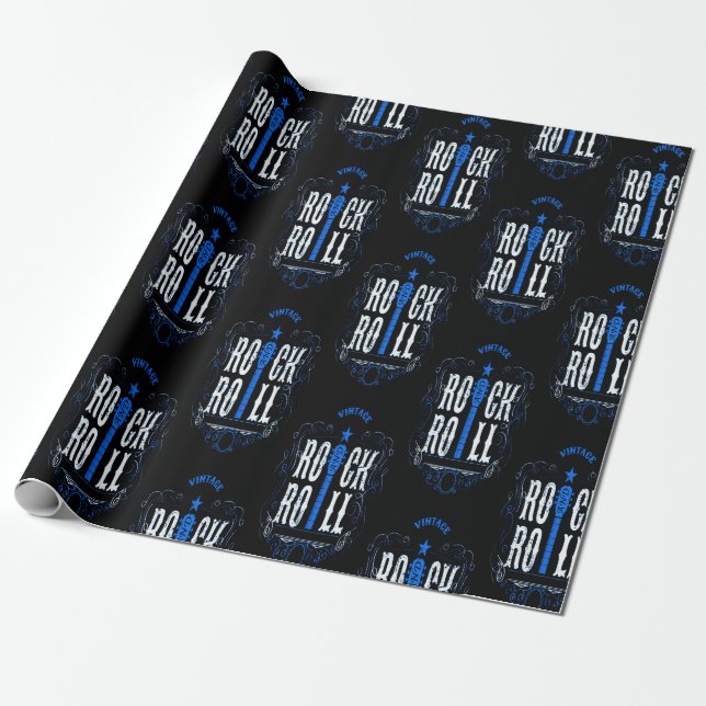 Blue Vintage Rock And Roll  Wrapping Paper (Unrolled)