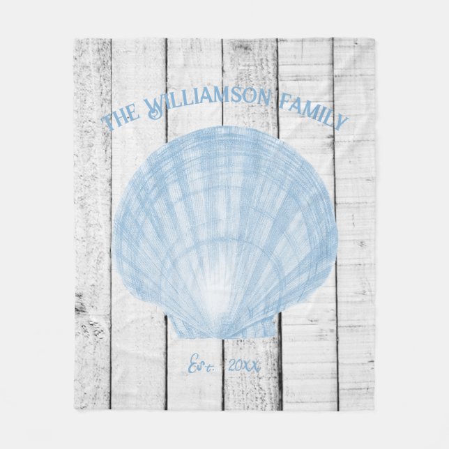 Blue Vintage Scallop Shell Fleece Blanket (Front)