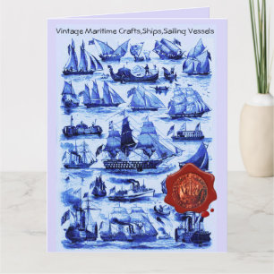 BLUE VINTAGE SHIPS,SAILING VESSELS Red Wax Seal Card