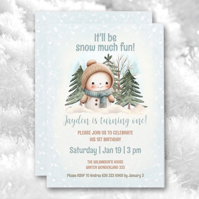 Blue Vintage Snowman Boy Winter 1st Birthday  Invitation (Blue Vintage Snowman Boy Winter 1st Birthday Invitation)
