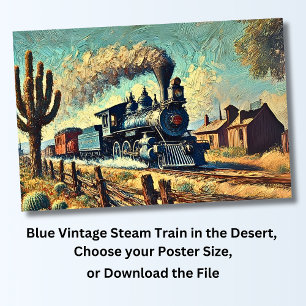 Blue Vintage Steam Train in the Desert,  Railroad Poster