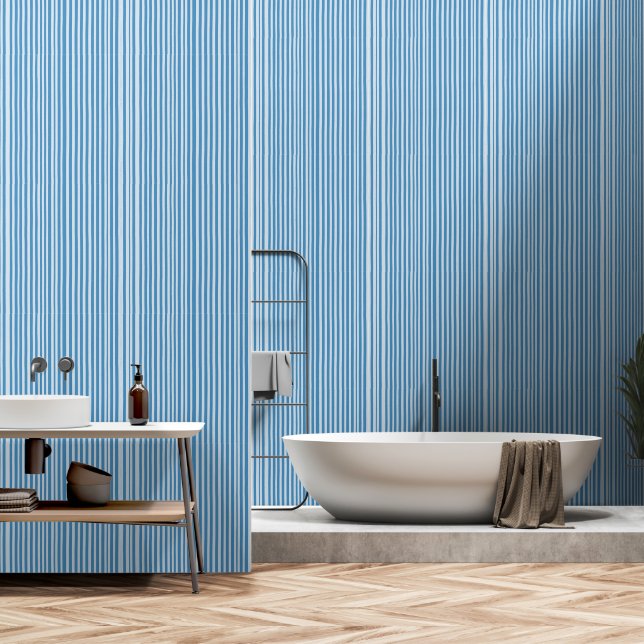 Blue Vintage Stripes Pattern Wallpaper (Bathroom)