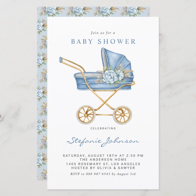 Blue Vintage Stroller Baby Shower Invitation (Front/Back)