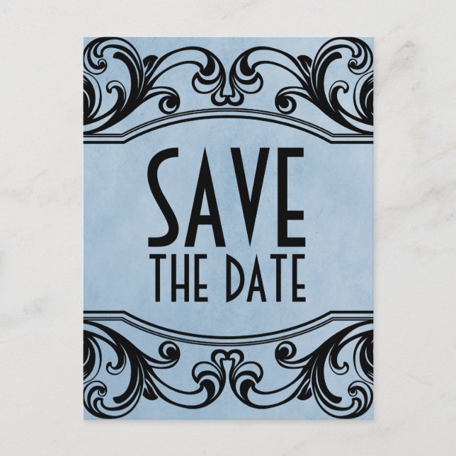Blue Vintage Swirls Save the Date Postcard (Front)