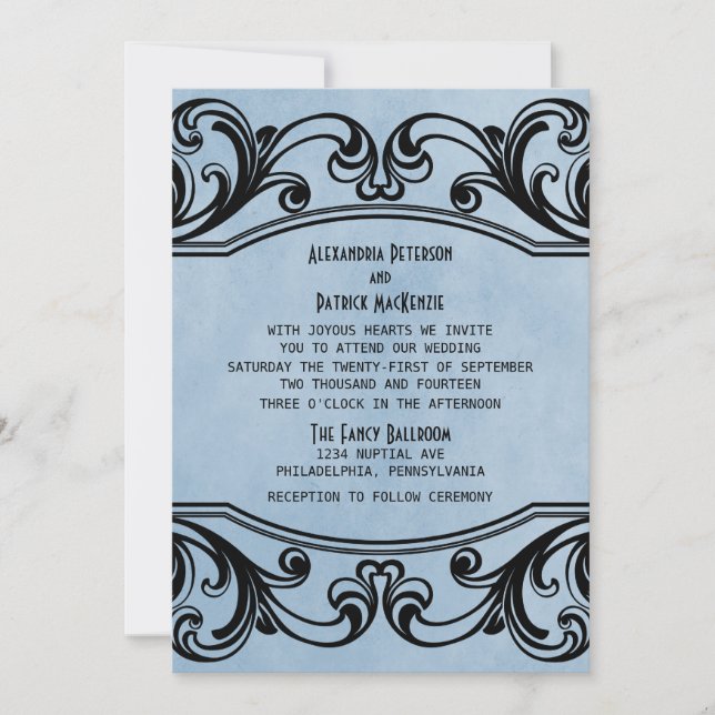 Blue Vintage Swirls Wedding Invite (Front)
