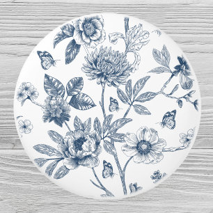 Blue Vintage Toile Chinoiserie Floral Pattern Ceramic Knob
