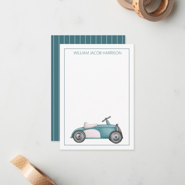 Blue Vintage Toy Car Personalized Card (Front/Back In Situ)